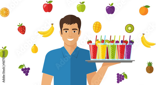 Smiling Male Worker Serving Fresh Juice Smoothies With Various Colorful Fruits Presentation