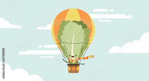 Whimsical Lettuce Balloon Journey, Ascending The Skies Above A Gentle, Serene Landscape