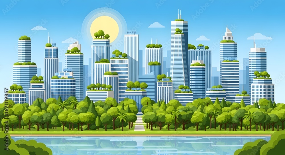 Obraz premium Green Cityscape: Sustainable Urban Living with Lush Parks and Eco-Friendly Architecture, Promoting Harmony with Nature and a Modern Lifestyle.