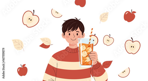Smiling Person Drinks Apple Juice Refreshment With Falling Apples And Leaves Perfectly