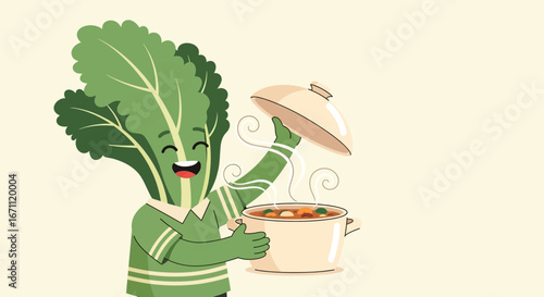 Smiling Vegetable Chef Proudly Presents Delicious Stew, Preparing Healthy Nourishment