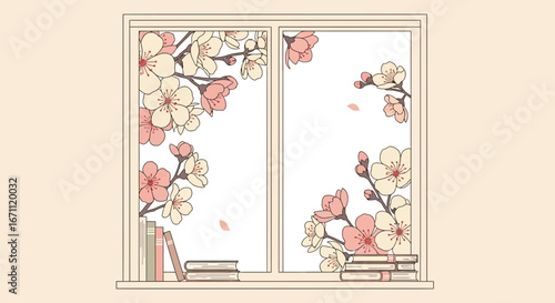 Window Displaying Delicate Blossoms And Books For A Tranquil And Serene Composition