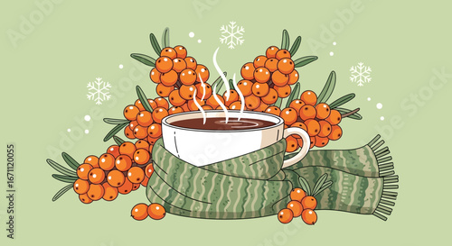 Winter Coffee, Warming Tea, Sea Buckthorn, and Cosy Scarf on Light Green Background