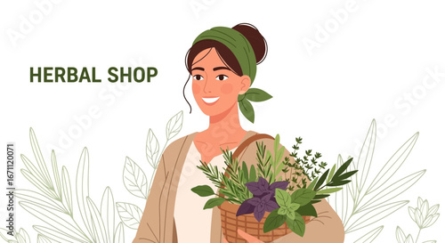 Smiling Woman Holding Basket Of Fresh Herbs Representing Natural Wellness And Healing