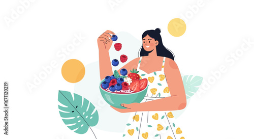 Woman Adding Berries To A Bowl Of Fresh Fruit, Healthy Eating Aesthetic Illustration