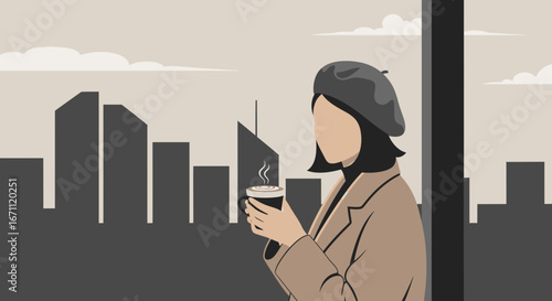 Woman Admiring Cityscape While Drinking Coffee in Elegant Minimalist Illustration
