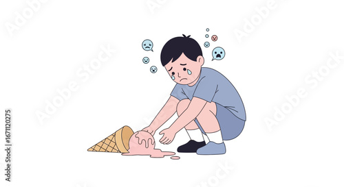 Sorrowful Child Despondently Reacts To Spilled Ice Cream Mishap On White Background