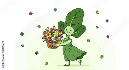 Spring's Maiden: A Leafy Figure Adorned With A Basket Of Colorful Blossoms