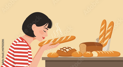 Woman Appreciates Aroma Of Freshly Baked Bread From A Variety Of Loaves And Rolls