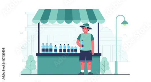 Street Vendor Selling Bottled Water Under An Awning Near A Streetlight In Town