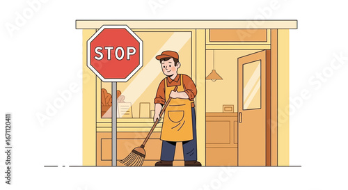 Street Sweeper Halts Outside Shop, Signaling a Pause in Activity for Cleaning Purposes