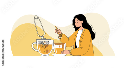 Woman Brewing Tea With Honey Adding Warmth and Flavor in a Delightful Illustration