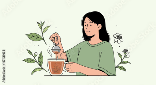 Woman Brewing Herbal Tea In A Mug, Enjoying The Aroma Of The Freshly Made Drink