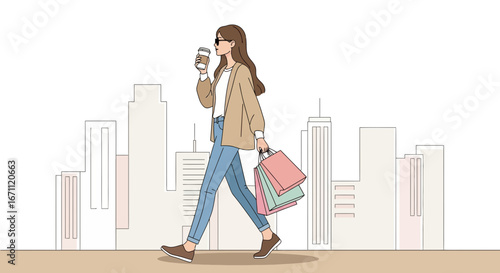 Stylish Woman Enjoys City Walk And Coffee While Carrying Shopping Bags With Her Outfits