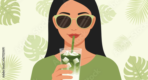 Stylish Woman Sipping Refreshing Matcha Latte and Enjoying a Tropical Vibe