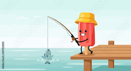 Summer Days: Animated Popsicle Person Angling For A Fish On A Wooden Dock