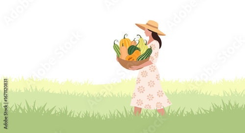 Woman Carries Harvest Of Gourds And Vegetables Across a Green Meadow In Autumn