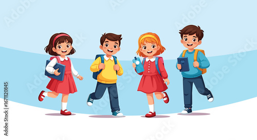 Cheerful cartoon school children with backpacks and books, smiling and walking together.