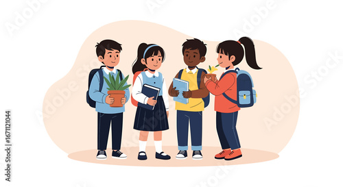 Diverse Group of Elementary School Students Standing Together, Holding Items, Smiling.