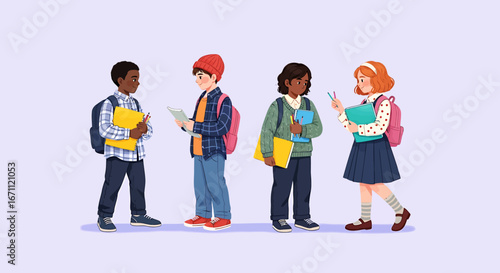 Diverse Group of Elementary School Children Standing with Books and Backpacks.