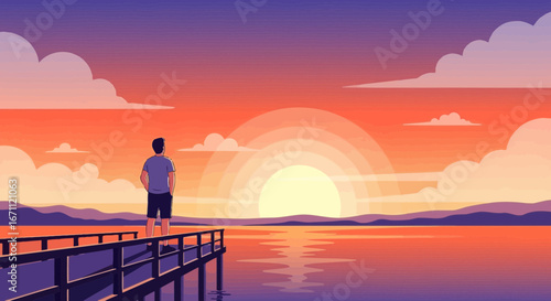 Sunset Over The Waters with a contemplative person on the pier contemplating the beauty