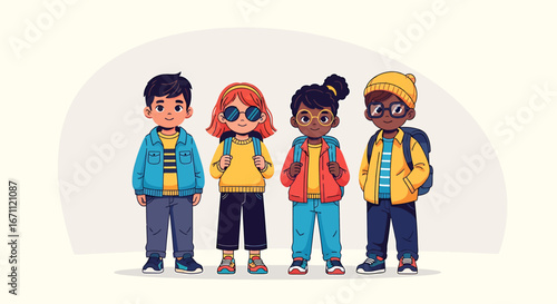 Diverse Group of Four Cartoon Children Standing Together with Backpacks.