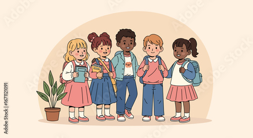 Diverse group of five happy school children standing together, smiling, wearing backpacks, ready for school.