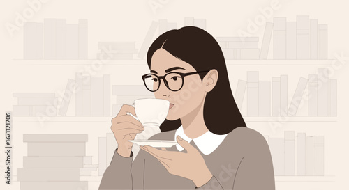 Woman Drinking Tea With Glasses And Bookshelf in The Background, Vector Illustration