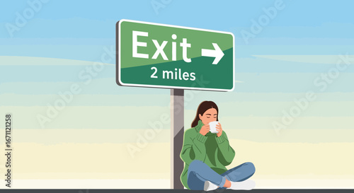 Woman Drinks Coffee Near Exit Sign Representing Calmness And Relaxation In Nature