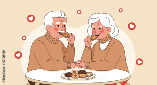 Sweet Moments: Elderly Couple Sharing Joy While Having Cookies in a Lovely Illustration