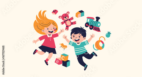 Joyful cartoon children playing with colorful toys, a blonde girl and a dark-haired boy happily jumping amidst blocks, a train, and a teddy bear.