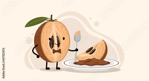 Sweet Sapodilla Character Offering a Delightful Portion of Tropical Dessert