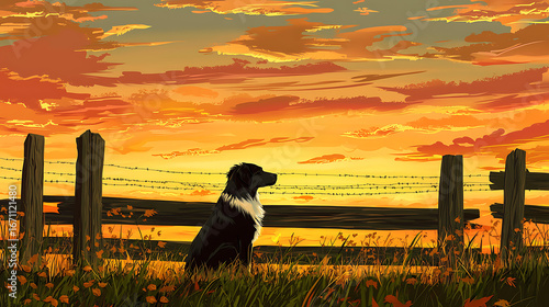 A dog is sitting in a field at sunset
