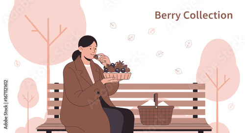 Woman Enjoying Delicious Berry Pie In A Park, Autumnal Scene Of Serene Moments