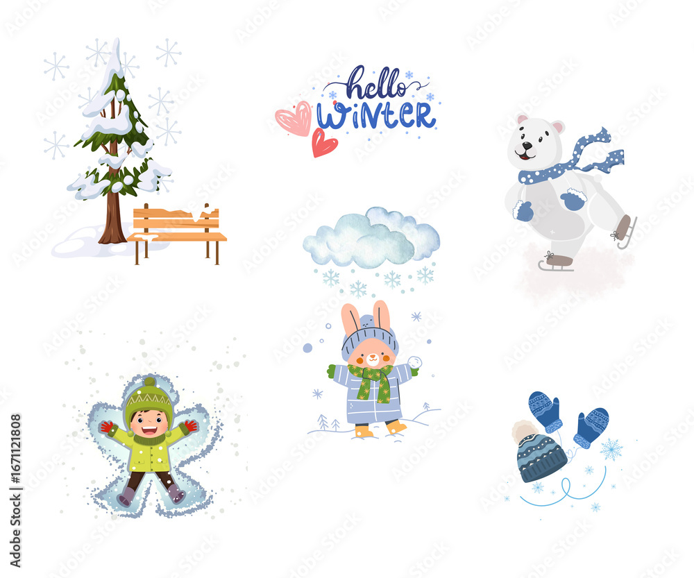 Fototapeta premium Hello Winter Clipart, Snowing, Kids happy snow day clip art 