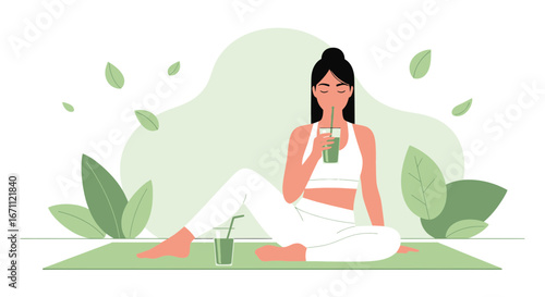 Woman Enjoying Green Smoothie After Yoga, Promoting Healthy Lifestyle, Relaxation and Wellbeing