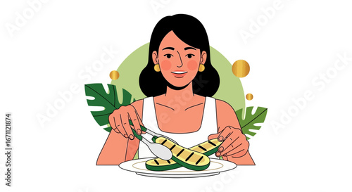 Woman Enjoying Grilled Zucchini, Healthy Eating, And Freshly Prepared Food Presentation