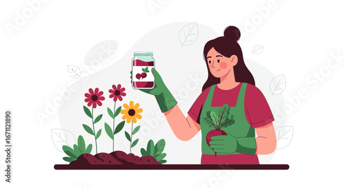 Woman Enjoying Gardening Holding Beetroot And Displaying Preserved Food Product