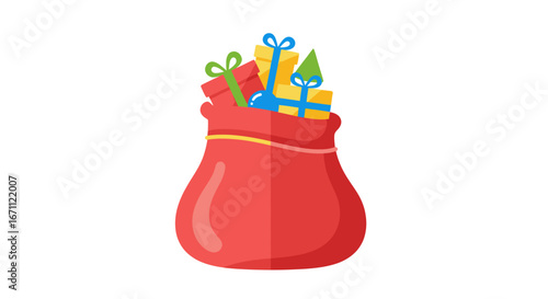Cartoon illustration of santa claus sack filled with present boxes on white backdrop