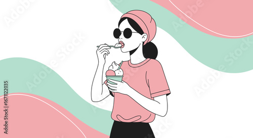 Woman Enjoying Ice Cream in a Pastel Illustration is a Charming Design Element