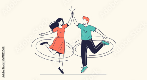 Vibrant stylized cartoon man and woman high-fiving, jumping with joyful energy and celebration.