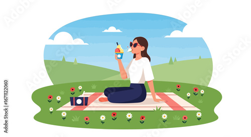 Woman Enjoying Ice Cream Outdoors On A Picnic Blanket In The Sunny Weather
