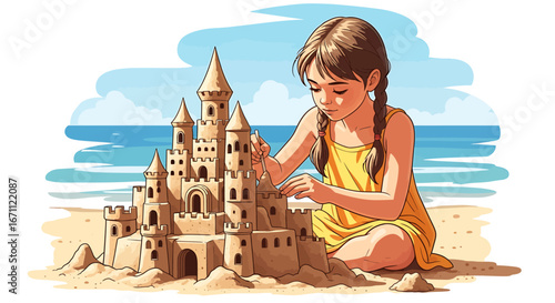 Young girl with braided hair meticulously building a detailed sandcastle on a sunny beach.