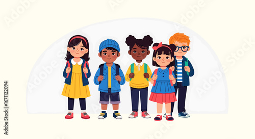 A diverse group of five smiling cartoon schoolchildren with colorful backpacks standing together.