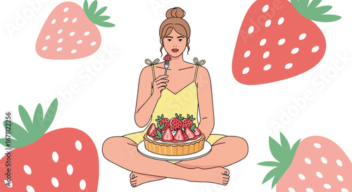 Woman Enjoying Strawberry Tart Amongst Giant Strawberry Illustrations Vector Graphics