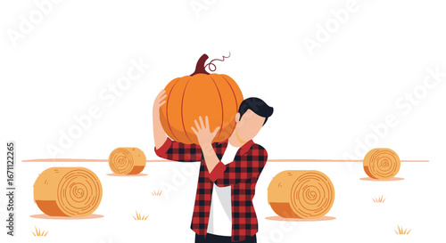 The Harvest Helper: A Farmer and Massive Pumpkin Amidst Rolling Hay Bales