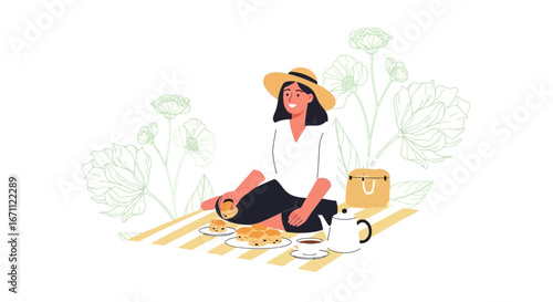 Woman Enjoying Tea And Pastries In A Summer Meadow During A Sunny Afternoon
