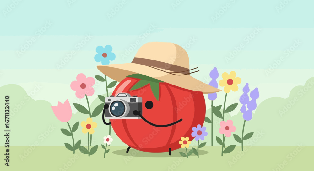Naklejka premium Tomato Character Capturing The Beauty Of Nature With Its Camera In The Flower Field