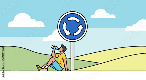 Thirsty Traveler Finds Reprieve At A Roundabout Sign Under A Clear Blue Sky