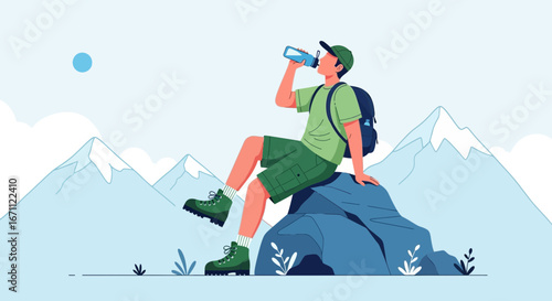 Thirsty Hiker Resting On Mountain Peak, Enjoying Refreshing Drink, Resting On The Summit